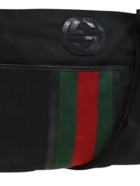 Authentic GUCCI Web Sherry Line Shoulder Bag Nylon Black